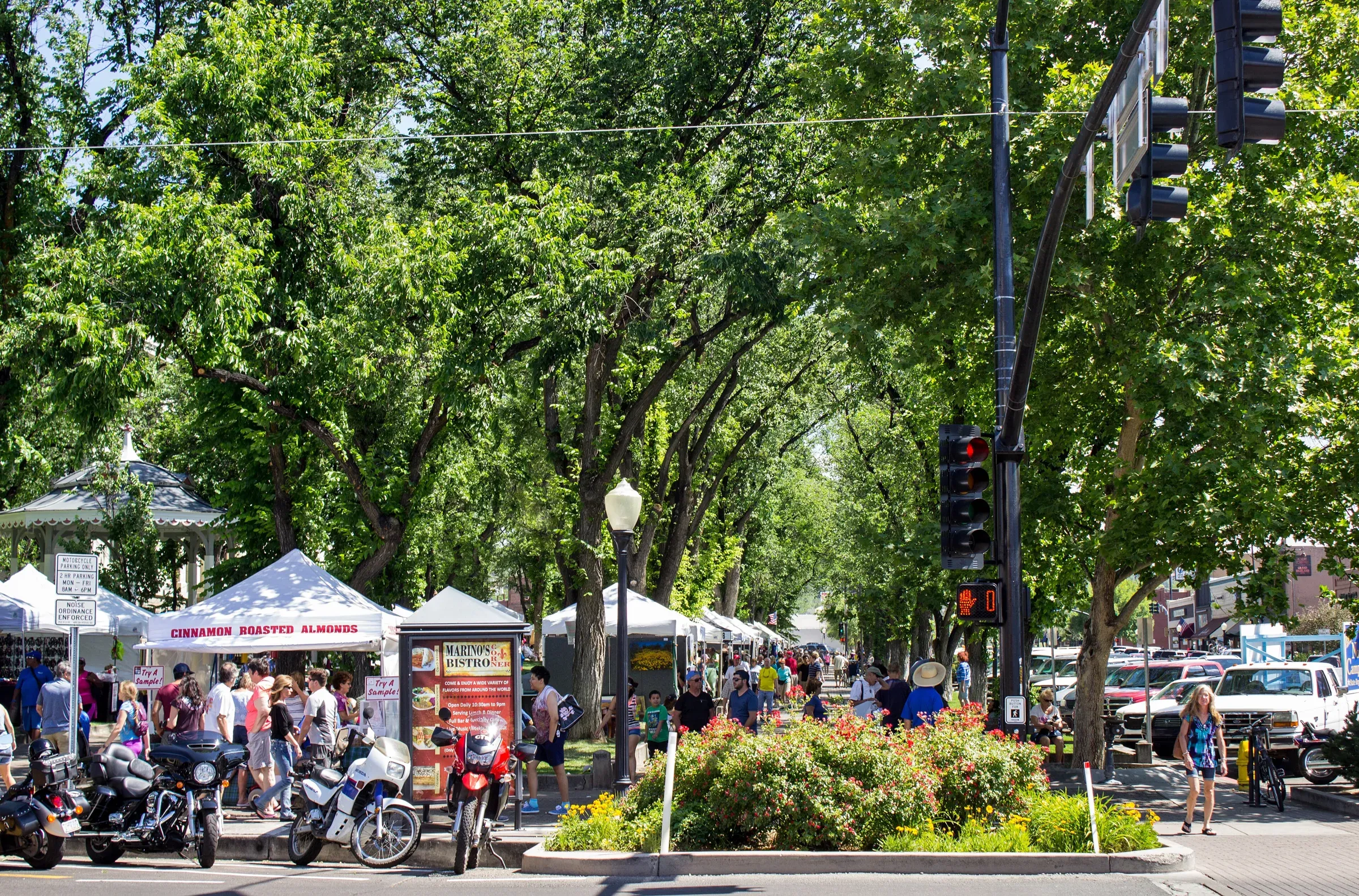 Shade trees and market stalls on Courthouse Square, downtown