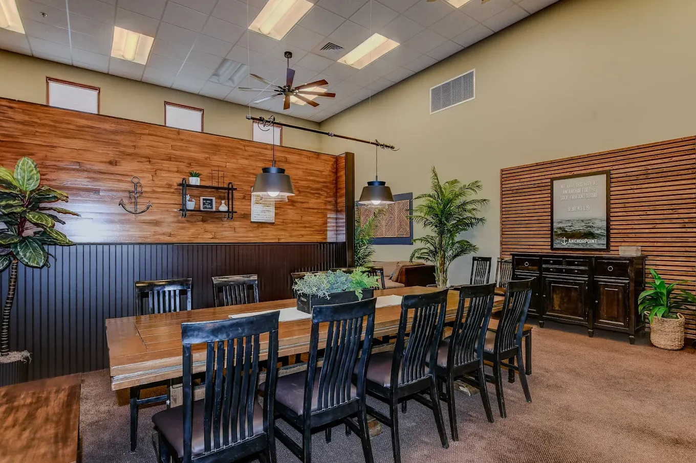 The AnchorPoint dining room with one long table