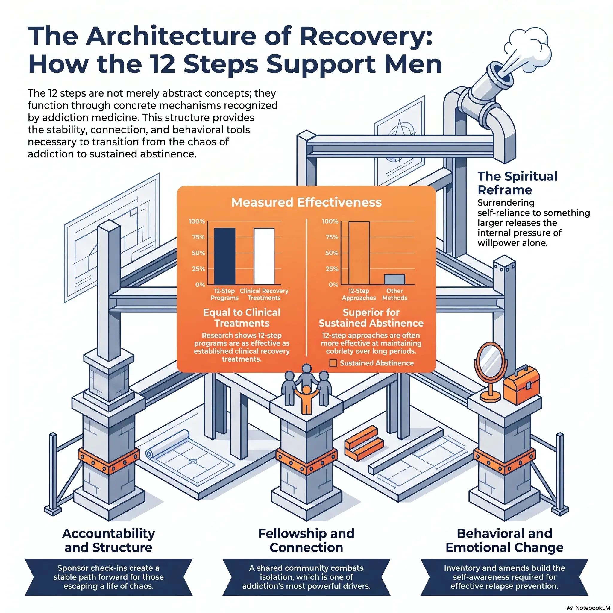 Infographic illustrating how the 12 Steps support men in addiction recovery through accountability and structure, fellowship and connection, behavioral and emotional change, and the spiritual reframe of surrender