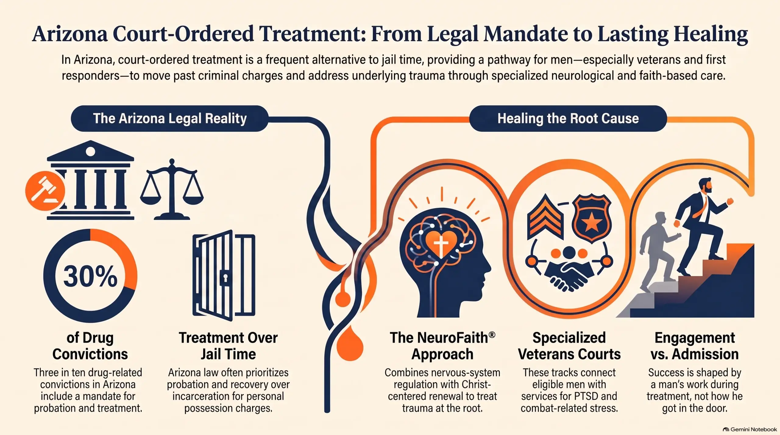 Infographic "Arizona Court-Ordered Treatment: From Legal Mandate to Lasting Healing" showing the Arizona legal reality (three in ten drug convictions include a probation-and-treatment mandate, and the state's preference for treatment over jail on personal possession charges) and how the root cause is healed through the NeuroFaith approach, specialized veterans courts for PTSD and combat-related stress, and the principle that engagement in treatment matters more than how a man was admitted.