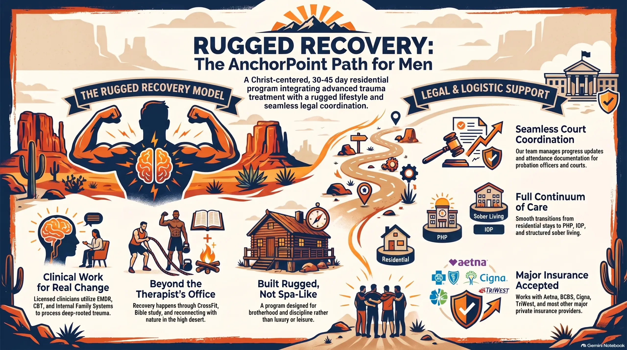 Infographic "Rugged Recovery: The AnchorPoint Path for Men" describing a Christ-centered 30-to-45-day residential model (licensed clinicians using EMDR, CBT, and Internal Family Systems; recovery through CrossFit, Bible study, and the high desert; built rugged rather than spa-like) alongside legal and logistic support: seamless court coordination, a full continuum of care through PHP, IOP, and sober living, and acceptance of major insurance including Aetna, BCBS, Cigna, and TriWest.