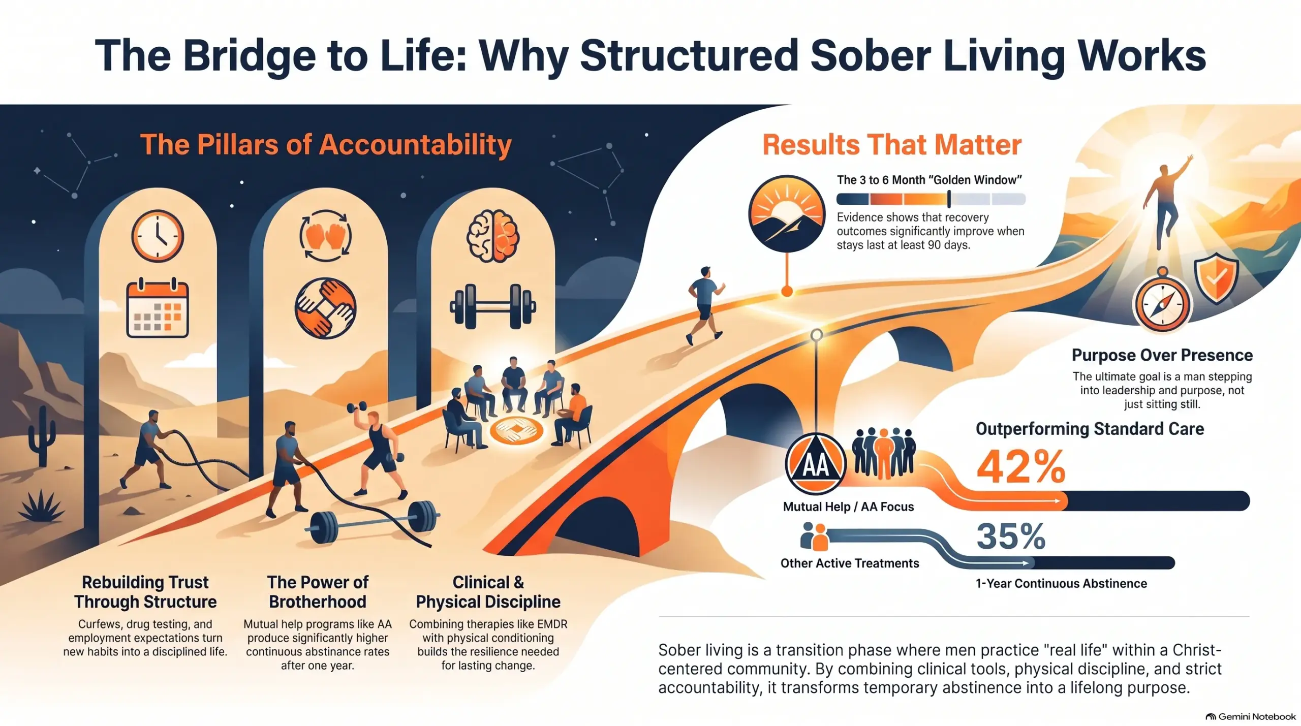 Infographic "The Bridge to Life: Why Structured Sober Living Works" showing the pillars of accountability (rebuilding trust through structure like curfews and drug testing, the power of brotherhood, and clinical and physical discipline) and the results that matter: a 3-to-6-month golden window with outcomes improving after 90-day stays, a mutual-help/AA focus producing 42% one-year continuous abstinence versus 35% for other treatments, and the goal of purpose over presence.